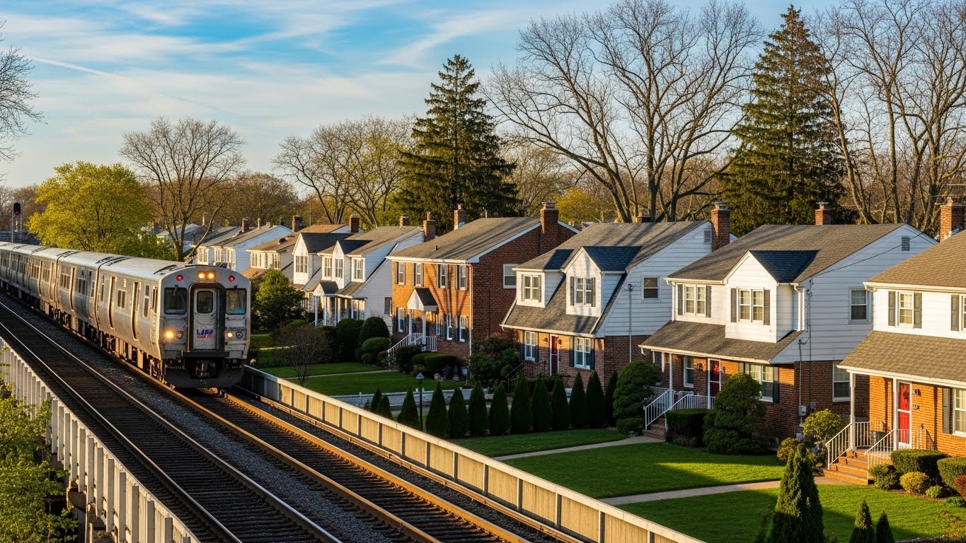 Commuter train near residential area